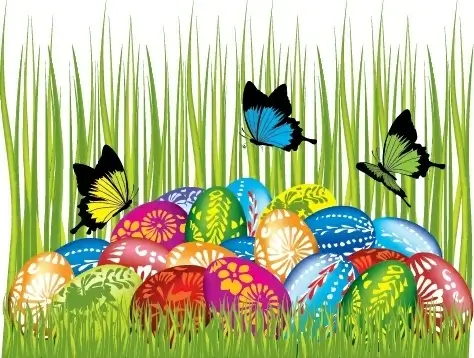 easter background bright colorful eggs butterflies grass decor