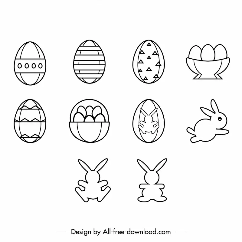 easter decorative icon sets flat black white symmetric eggs rabbits sketch