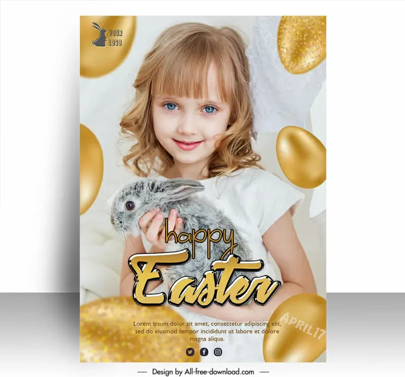easter poster template modern realistic cute girl bunny eggs sketch