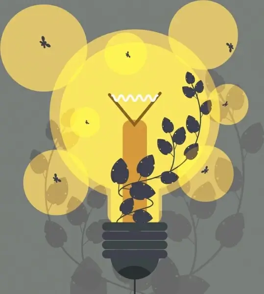 ecology background yellow lightbulb leaves icons silhouette decor