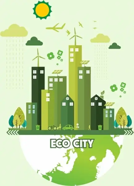 ecology banner green city earth icons decor
