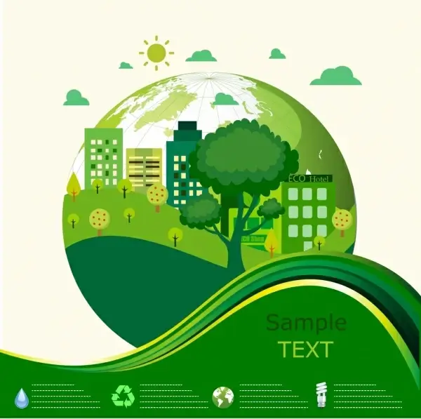 ecology banner green globe trees curves decoration