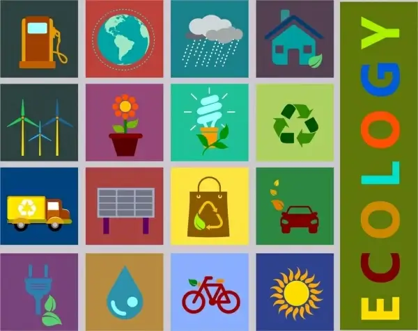 ecology design elements various flat icons squares isolation