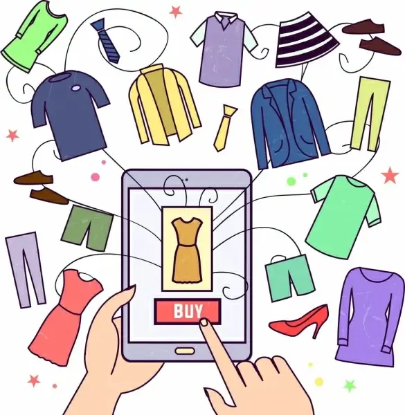 ecommerce drawing hand smartphones clothes icons colored cartoon
