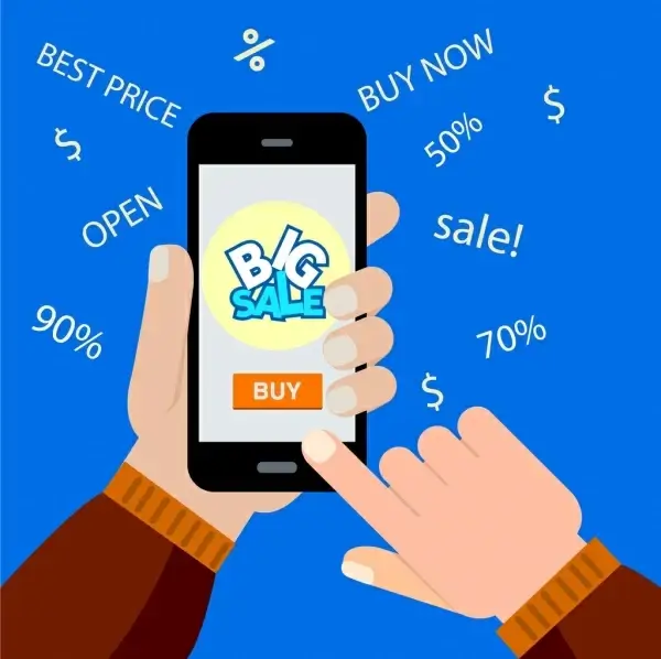 ecommerce sales background hand smartphone texts icons