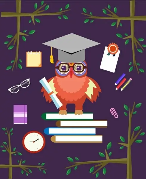 education background owl books studying tools icons decor