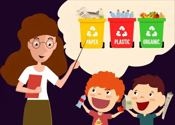 education theme teacher pupils plastic dustbin icons