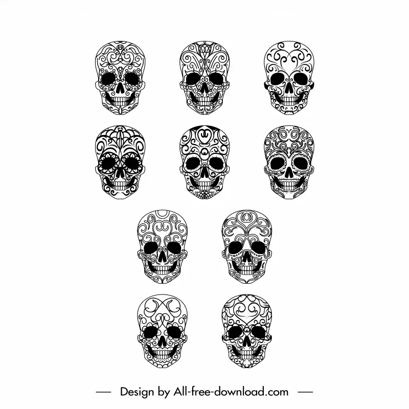 el muerte skull icons sets flat black white symmetric frightening design