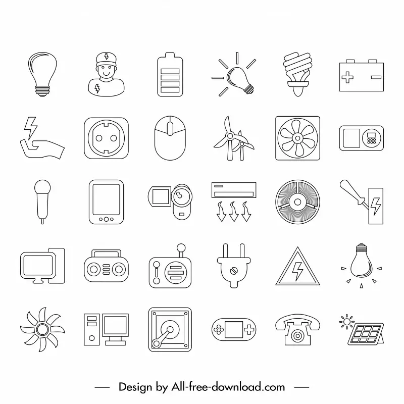 electric icon sets flat black white handdrawn symbols outline 