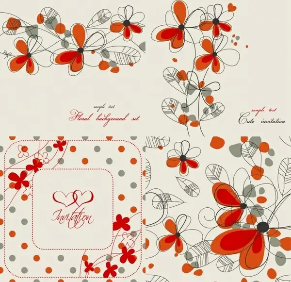flower card decor elements retro flat handdrawn sketch