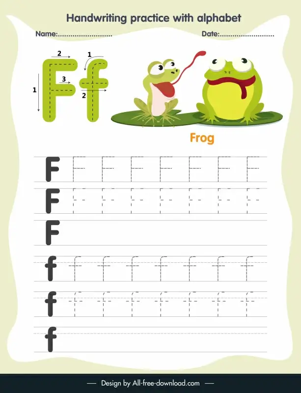 elementary school education handwriting practice template alphabet letter tracing f cute frogs sketch
