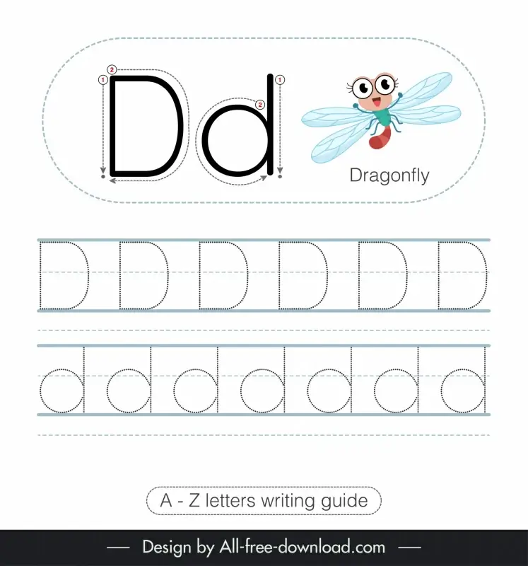 elementary writing guide worksheet template dragonfly insect icon tracing letters d sketch