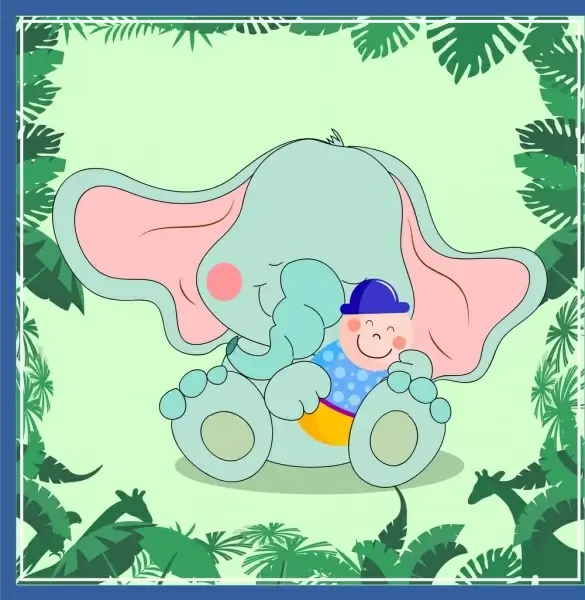 elephant background cute cartoon character leaf decoration