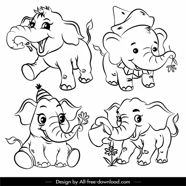 elephant icons cute cartoon characters black white handdrawn