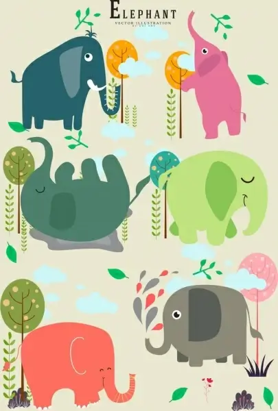 elephant icons multicolored flat design