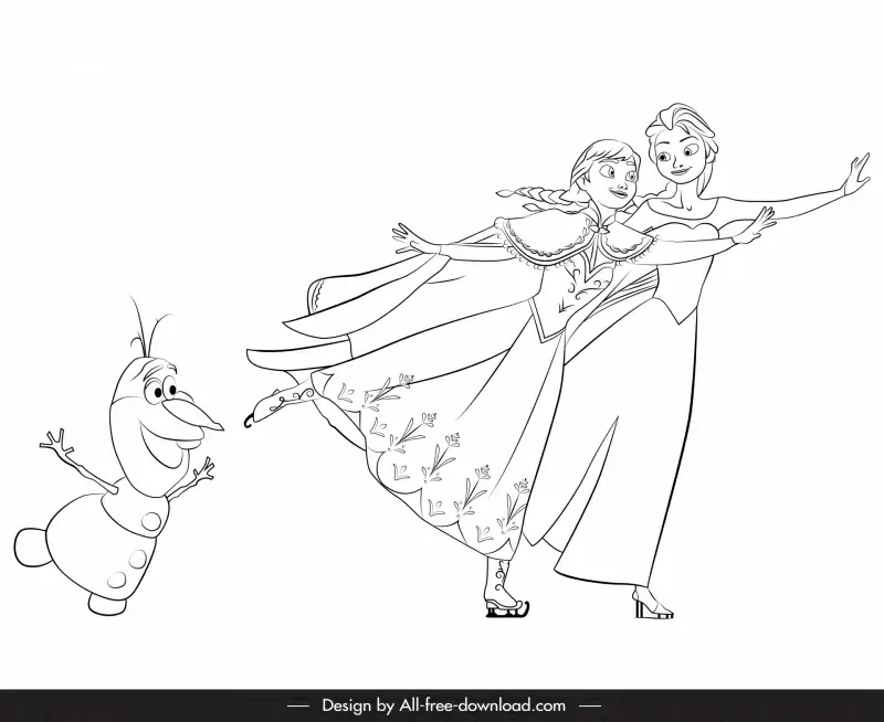 elsa anna and olaf character icon black white handdrawn outline