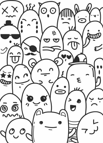 Emoticon background cute cartoon characters black white handdrawn Vectors  graphic art designs in editable .ai .eps .svg .cdr format free and easy  download unlimit id:6837353