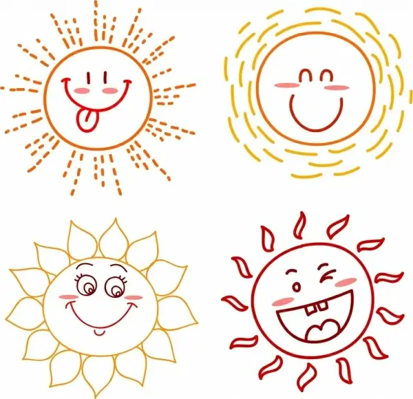 emoticon collection sun icons cute handdrawn outline
