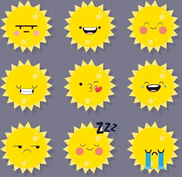 emotional icons collection sun faces yellow design