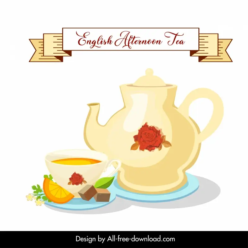 english afternoon tea advertising banner tea pot and cup flat sketch