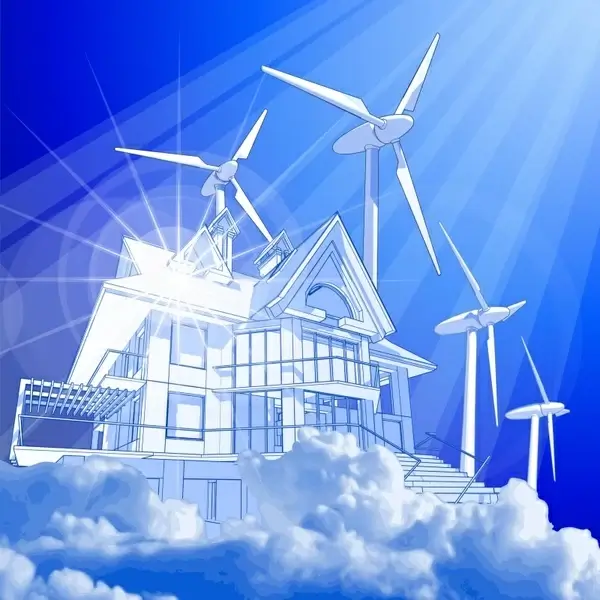 environment background house windmill cloud icons modern 3d