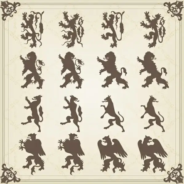 european logo decor elements silhouette legendary animals sketch