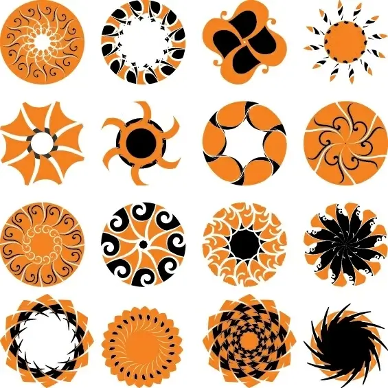 decorative round icons symmetric design black orange ornament
