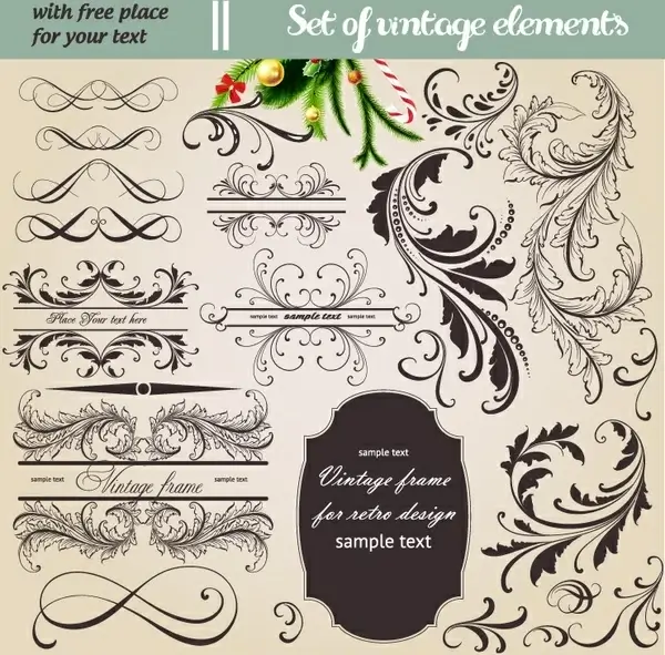 documents decorative elements vintage curved feather leaves sketch