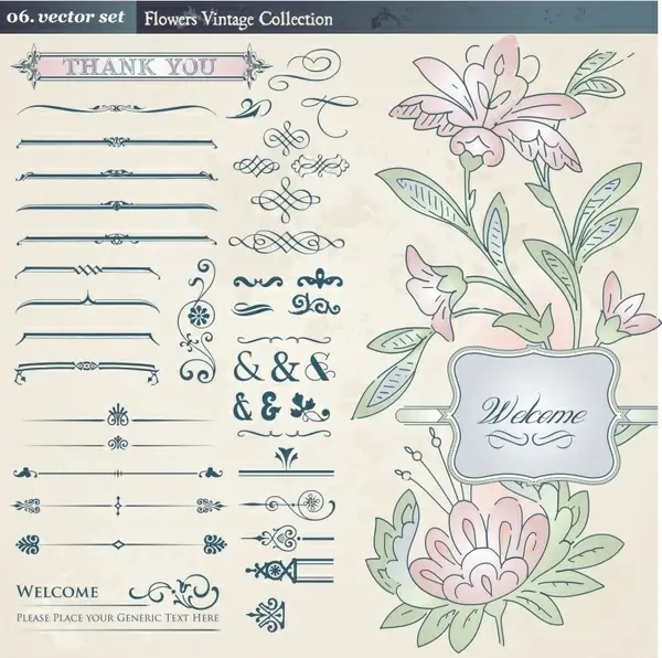 wedding decorative elements vintage handdrawn flora symmetric shapes