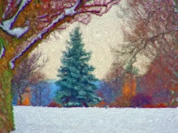 evergreen in snow painting