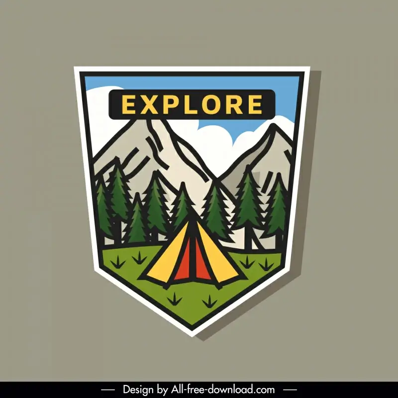 explore camping badge template flat classical tent trees mountain