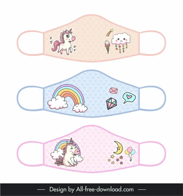 face mask fabric design for print templates flat symmetric handdrawn cute stylized cloud moon unicorn rainbow sketch