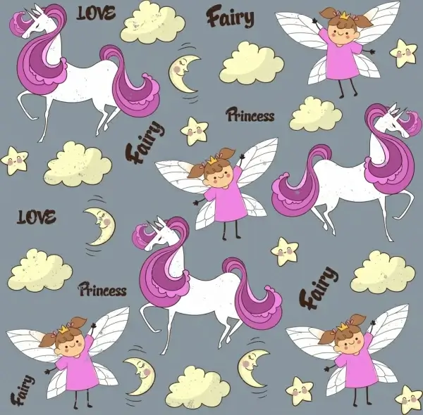 fairy background cute girl horse icons repeating design