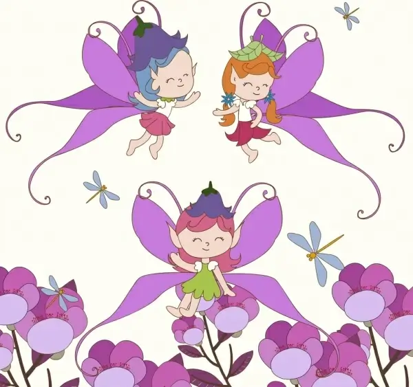 fairy background cute girls flowers icons cartoon design