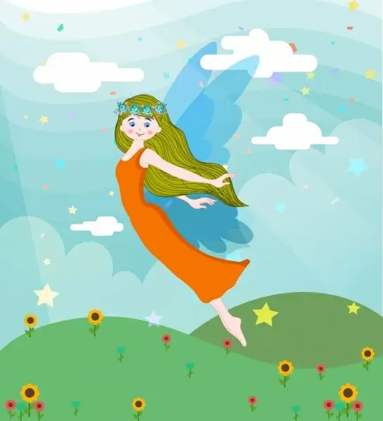 fairy background cute winged girl colored cartoon design
