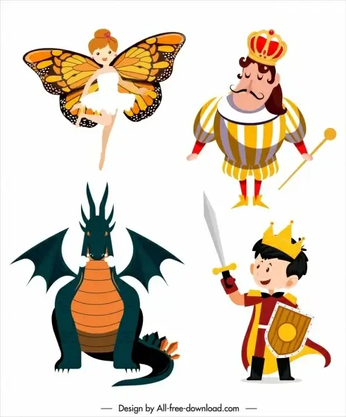 fairy tale characters icons dragon knight king sketch