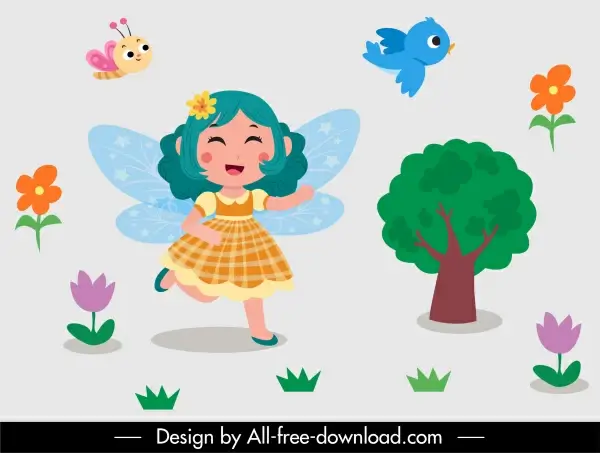 fairy tale decor elements winged girl nature elements