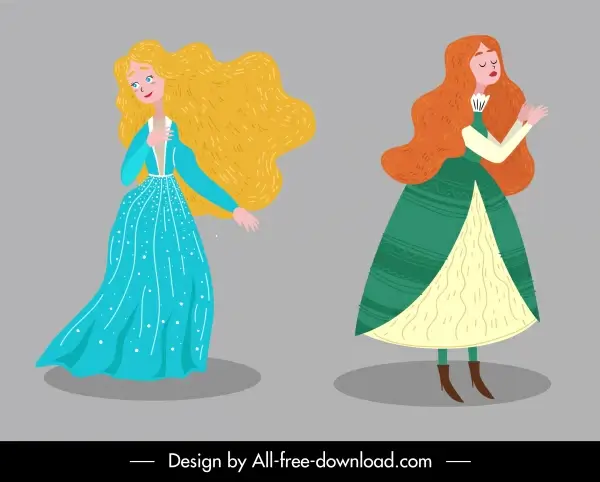 fairy tale icons beautiful ladies sketch cartoon characters
