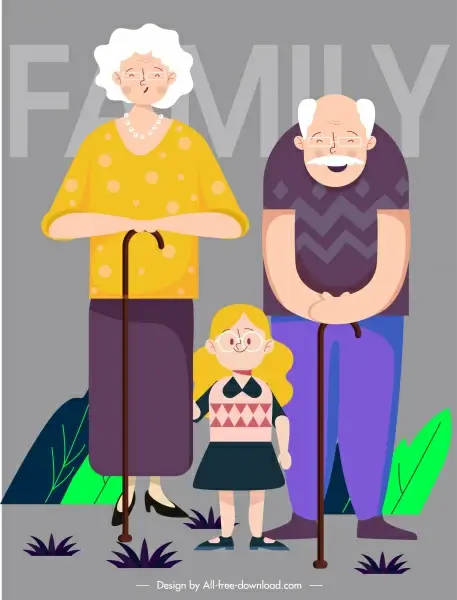 family background grandparents granddaughter sketch cartoon characters