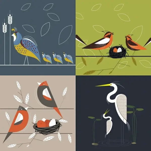 family background sets wild birds icons classical design