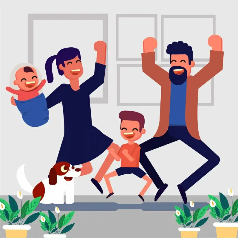 family cheering backdrop dynamic cartoon sketch