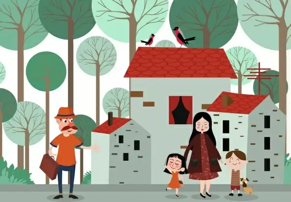 family drawing houses human icons colored cartoon decor