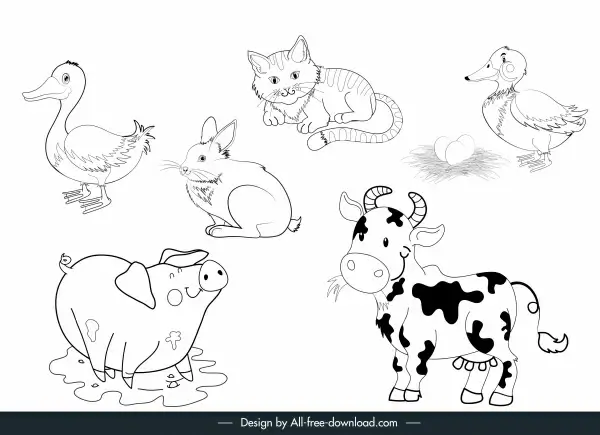 farm animals icons black white handdrawn sketch