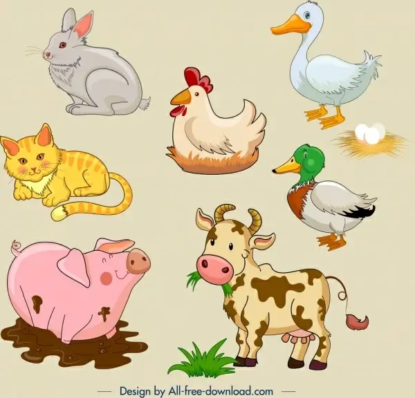 farm animals icons cute cartoon design