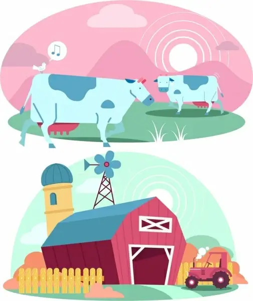farm design elements cow cattle warehouse icons