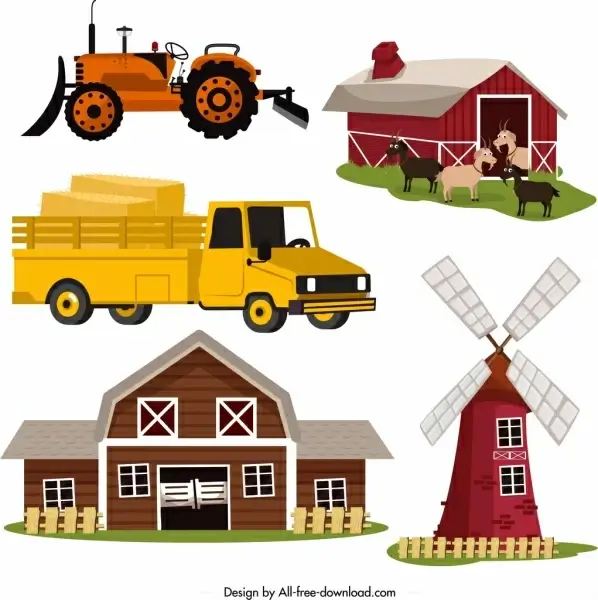 farm design elements machine windmill sty warehouse icons