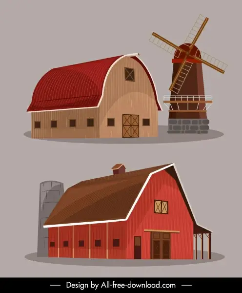 farm design elements warehouse windmill icons sketch