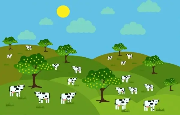 farm landscape background milk cows icons cartoon design