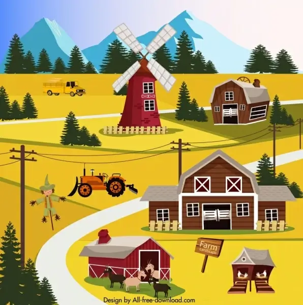 farm landscape painting colorful cartoon sketch