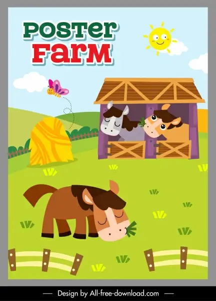 farm poster template horses hill sketch colorful cartoon